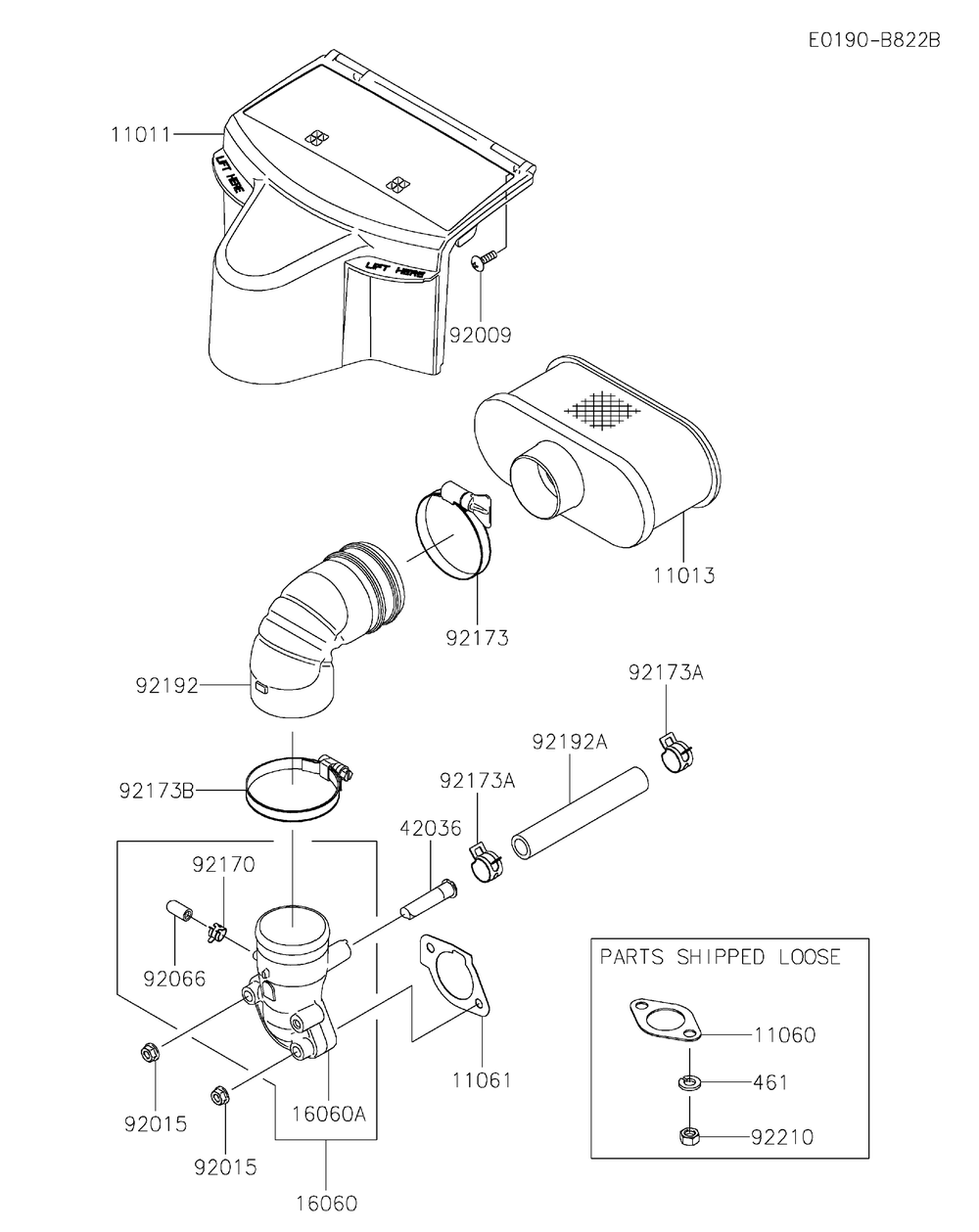 Air Filter And Muffler Diagram and Parts List for FR691V-HS05  Cub Cadet Lawn Tractor